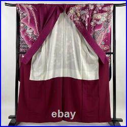 Japanese Silk Kimono Vintage Furisode Gold Silver Flowers Grass Red Purple 64