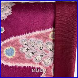 Japanese Silk Kimono Vintage Furisode Gold Silver Flowers Grass Red Purple 64