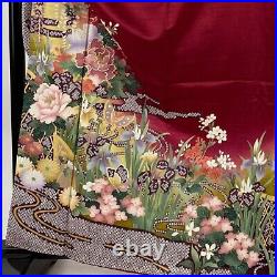 Japanese Silk Kimono Vintage Furisode Gold Thread Flower Butterfly Gilt Red 64