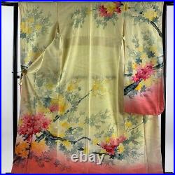 Japanese Silk Kimono Vintage Furisode Gold Yellow Flower Grass Branch Red 62
