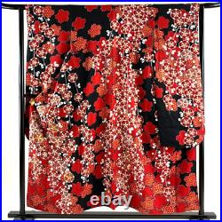 Japanese Silk Kimono Vintage Furisode Plum Cherryblossom Red Black 60.2in Good