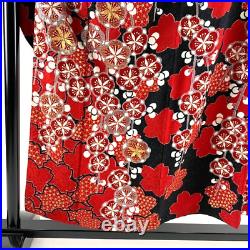 Japanese Silk Kimono Vintage Furisode Plum Cherryblossom Red Black 60.2in Good