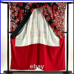 Japanese Silk Kimono Vintage Furisode Plum Cherryblossom Red Black 60.2in Good