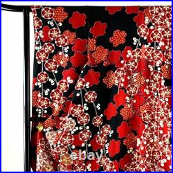 Japanese Silk Kimono Vintage Furisode Plum Cherryblossom Red Black 60.2in Good