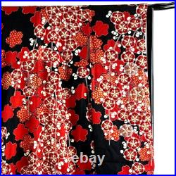 Japanese Silk Kimono Vintage Furisode Plum Cherryblossom Red Black 60.2in Good