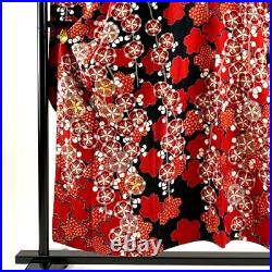 Japanese Silk Kimono Vintage Furisode Plum Cherryblossom Red Black 60.2in Good