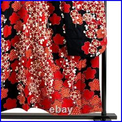 Japanese Silk Kimono Vintage Furisode Plum Cherryblossom Red Black 60.2in Good