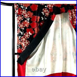 Japanese Silk Kimono Vintage Furisode Plum Cherryblossom Red Black 60.2in Good