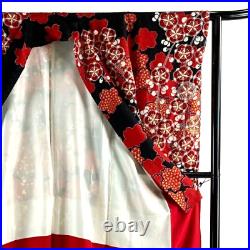 Japanese Silk Kimono Vintage Furisode Plum Cherryblossom Red Black 60.2in Good