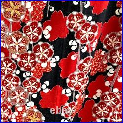 Japanese Silk Kimono Vintage Furisode Plum Cherryblossom Red Black 60.2in Good