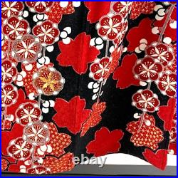 Japanese Silk Kimono Vintage Furisode Plum Cherryblossom Red Black 60.2in Good