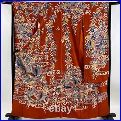 Japanese Silk Kimono Vintage Furisode Red Cherry Blossom Bird Wave Grass 63