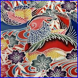 Japanese Silk Kimono Vintage Furisode Red Cherry Blossom Bird Wave Grass 63