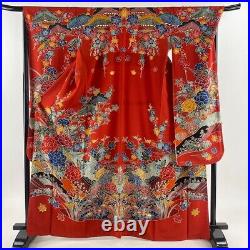 Japanese Silk Kimono Vintage Furisode Red Flower Grass Wave Blue Yellow 65
