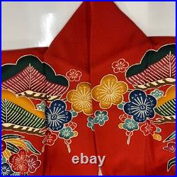 Japanese Silk Kimono Vintage Furisode Red Flower Grass Wave Blue Yellow 65