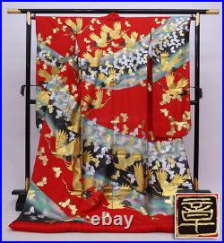 Japanese Silk Wedding Kimono Uchikake Butterflies Flying Cranes Birds Red 75