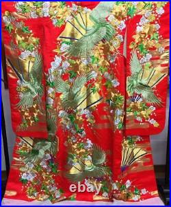 Japanese Silk Wedding Kimono Uchikake Embroidery Green Crane Plum Flower Red 73