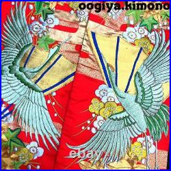 Japanese Silk Wedding Kimono Uchikake Embroidery Green Crane Plum Flower Red 73