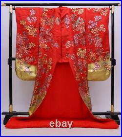 Japanese Silk Wedding Kimono Uchikake Flying Birds Flowers Grasses Gold Red 75