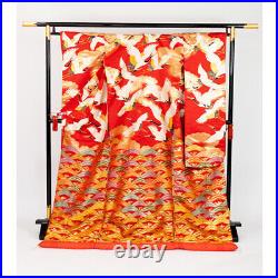 Japanese Silk Wedding Kimono Uchikake Flying Crane Bird Choppy Seas Red 72