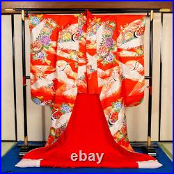 Japanese Silk Wedding Kimono Uchikake Flying Crane Bird Flower Gorgeous Red 73