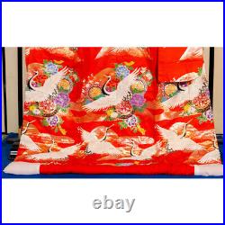 Japanese Silk Wedding Kimono Uchikake Flying Crane Bird Flower Gorgeous Red 73