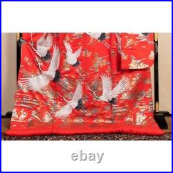 Japanese Silk Wedding Kimono Uchikake Flying Crane Bird Flower Gorgeous Red 74