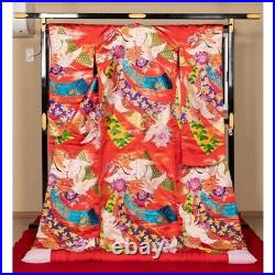 Japanese Silk Wedding Kimono Uchikake Flying Crane Bird Ribbon Gorgeous Red 72