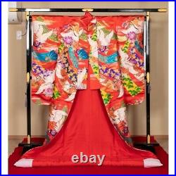 Japanese Silk Wedding Kimono Uchikake Flying Crane Bird Ribbon Gorgeous Red 72