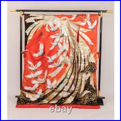 Japanese Silk Wedding Kimono Uchikake Flying Crane Bird Ribbon Gorgeous Red 74