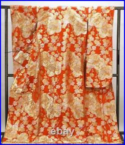 Japanese Silk Wedding Kimono Uchikake Gold Thread Plum Pattern Flowers Red 70