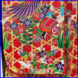 Japanese Silk Wedding Kimono Uchikake Hand Painted Four Seasons Flowers Red 70