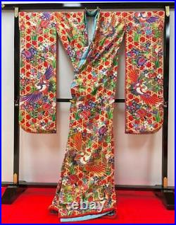 Japanese Silk Wedding Kimono Uchikake Hand Painted Four Seasons Flowers Red 70