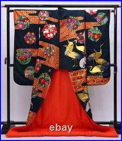 Japanese Silk Wedding Kmono Uchikake Black Red Flowers Crane Gorgeous Ripple 75