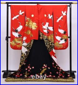 Japanese Silk Wedding Kmono Uchikake Red Black Cranes Bamboo plum Ripple 75