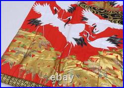 Japanese Silk Wedding Kmono Uchikake Red Black Cranes Bamboo plum Ripple 75