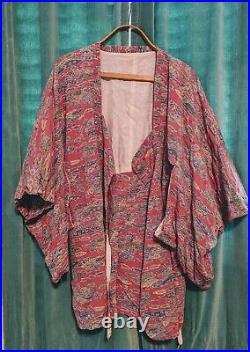 Japanese Vintage Silk Square Neck Haori, Red flowers short Kimono Cosplay