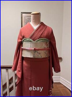 Japanese Vintage Traditional Red Silk Furisode Kimono Robe plum blossom