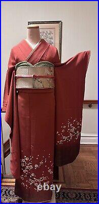 Japanese Vintage Traditional Red Silk Furisode Kimono Robe plum blossom