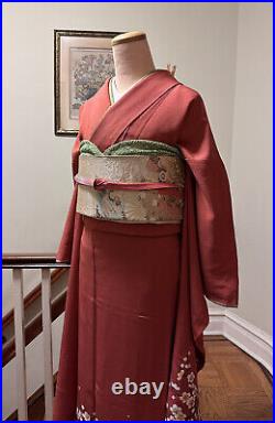 Japanese Vintage Traditional Red Silk Furisode Kimono Robe plum blossom