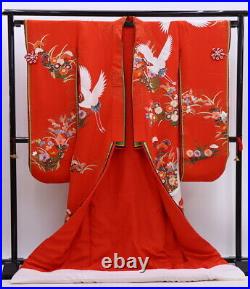 Japanese Wedding Silk Kimono Uchikake Gold Crane Flower Embroidery Red 72
