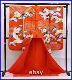 Japanese Wedding Silk Kimono Uchikake Gold Crane Flower Embroidery Red 73
