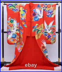 Japanese Wedding Silk Kimono Uchikake Gold Crane Pine Flowers Fan Red 71