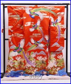 Japanese Wedding Silk Kimono Uchikake Gold Leaf Birds Cherry Tree River Red 75