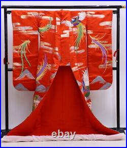 Japanese Wedding Silk Kimono Uchikake Gold Leaf Birds Cherry Tree River Red 75