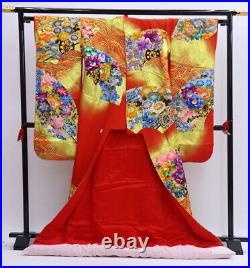 Japanese Wedding Silk Kimono Uchikake Gold Leaf Fan Flower Car Wave Leaf 73