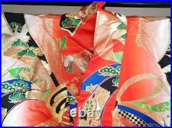 Japanese Wedding Silk Kimono Uchikake Gold Leaf Flowers Ribbon Car Bird 73