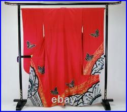 Japanese kimono Large size red butterfly floral long sleeves Silk FURISODE #36