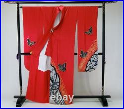 Japanese kimono Large size red butterfly floral long sleeves Silk FURISODE #36