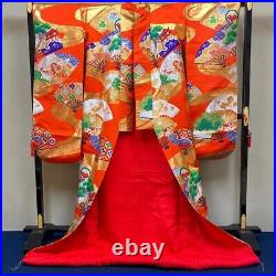 Japanese kimono Uchikake pure silk for Wedding vermilion-red gold sensu